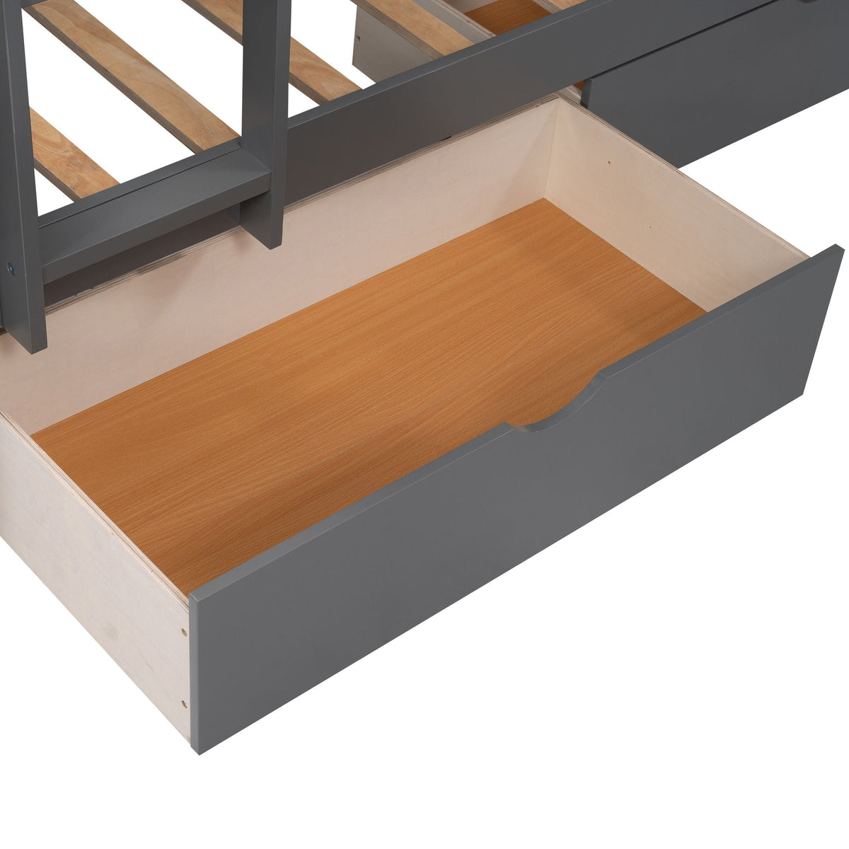 Bunk bed with loft in gray metal frame, natural wood slats, 2 underbed drawers HouseOfZazla on Tampa Home & Garden Store