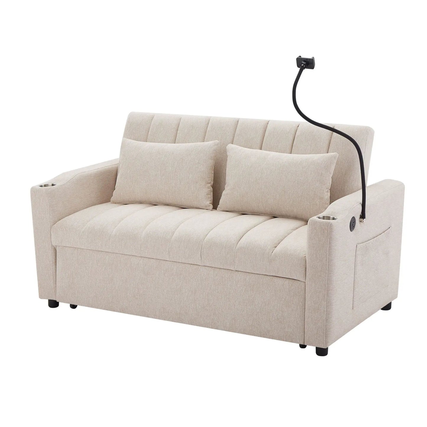 Sleeper loveseat by Unique Piece Furniture in beige with tufted cushions and cup holders on Tampa Home & Garden Store