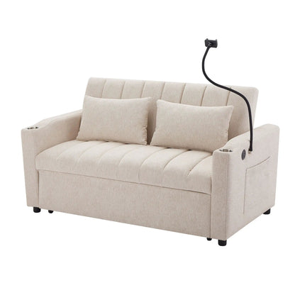 Sleeper loveseat by Unique Piece Furniture in beige with tufted cushions and cup holders on Tampa Home & Garden Store