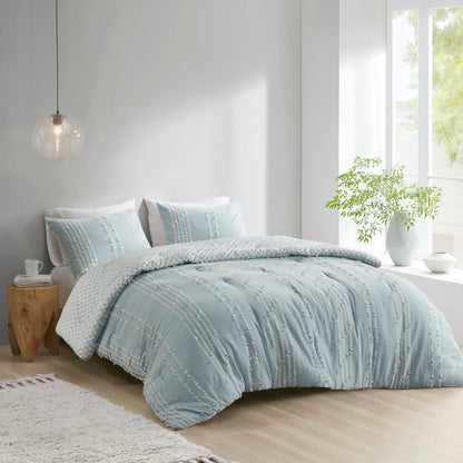 Cotton Jacquard Reversible Aqua and Ivory Set