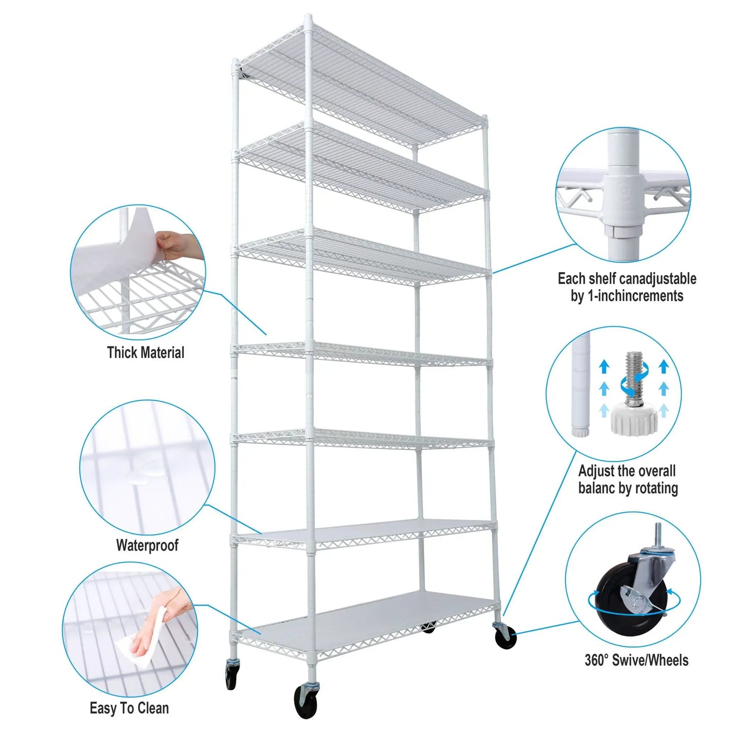 7-Tier Metal Shelf with Wheels, Heavy Duty