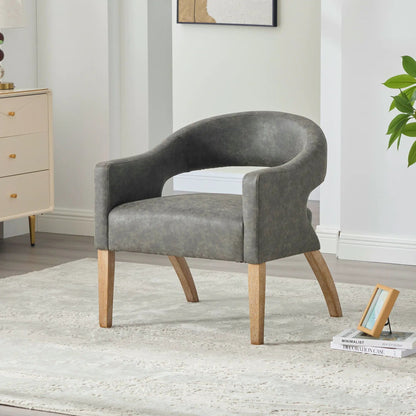 Upholstered open-back armchair in gray fabric with weathered rubberwood legs by Unique Piece Furniture on Tampa Home & Garden Store