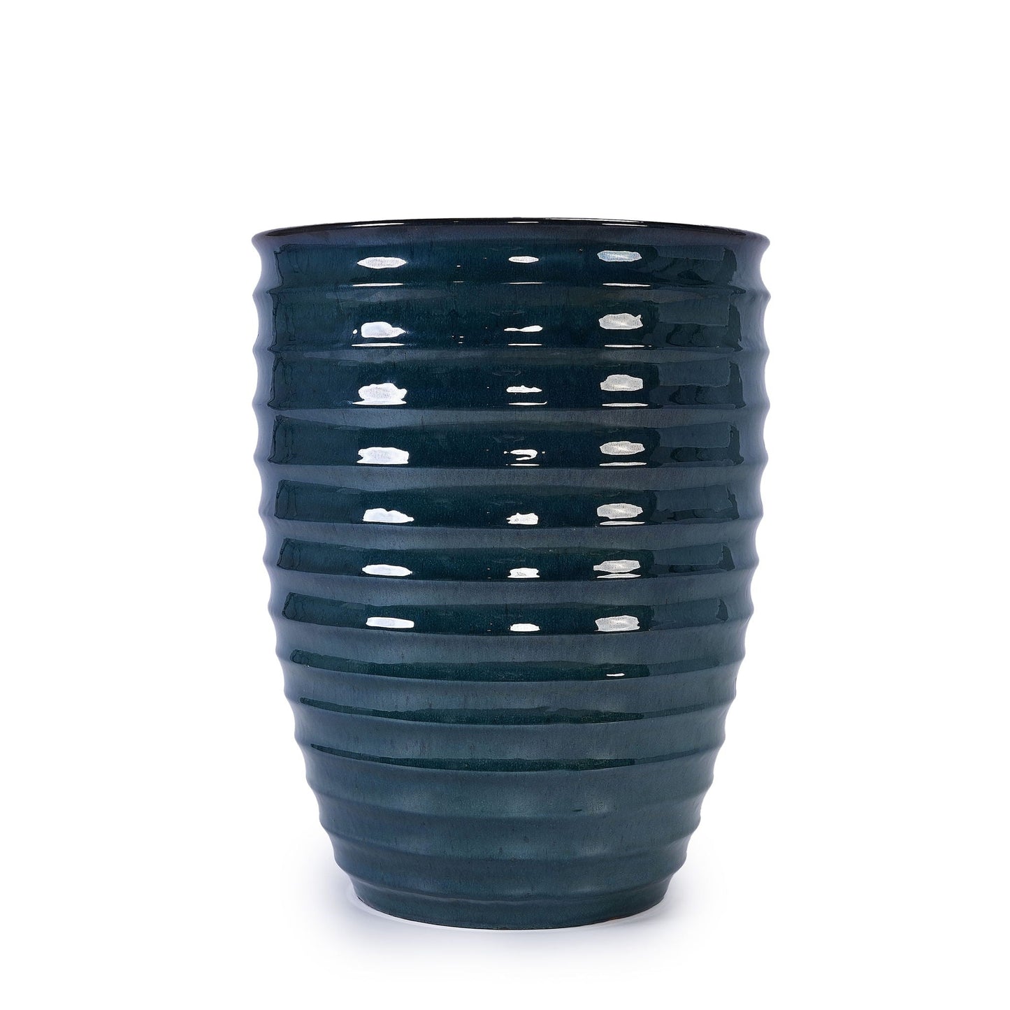 Flowerpot planter by HouseOfZazla in dark teal glazed ceramic with ribbed bands on Tampa Home & Garden Store