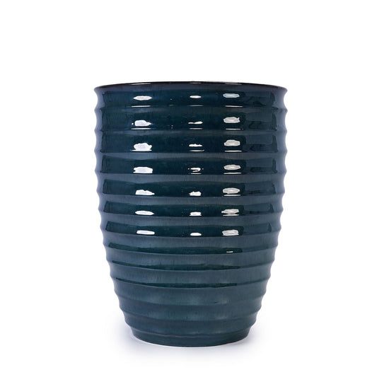 Flowerpot planter by HouseOfZazla in dark teal glazed ceramic with ribbed bands on Tampa Home & Garden Store
