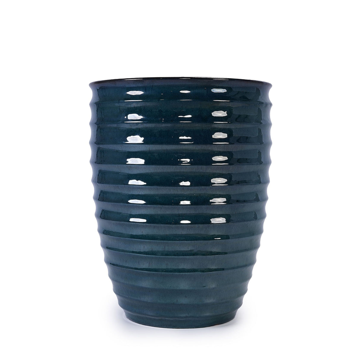 Deep blue ceramic planter with glossy glaze and ribbed sides by HouseOfZazla on Tampa Home & Garden Store