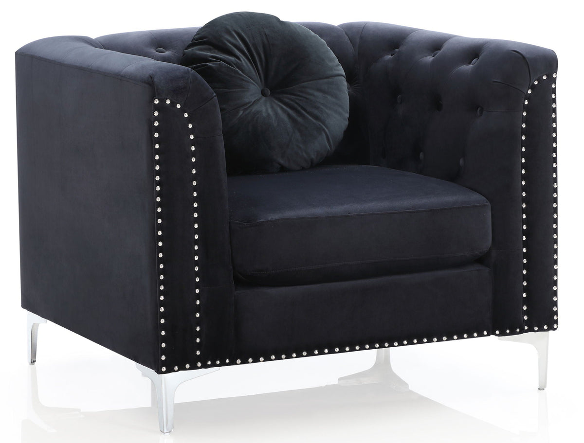Contemporary sloped arm chair in black micro suede with tufted back and nailhead trim on Tampa Home & Garden Store