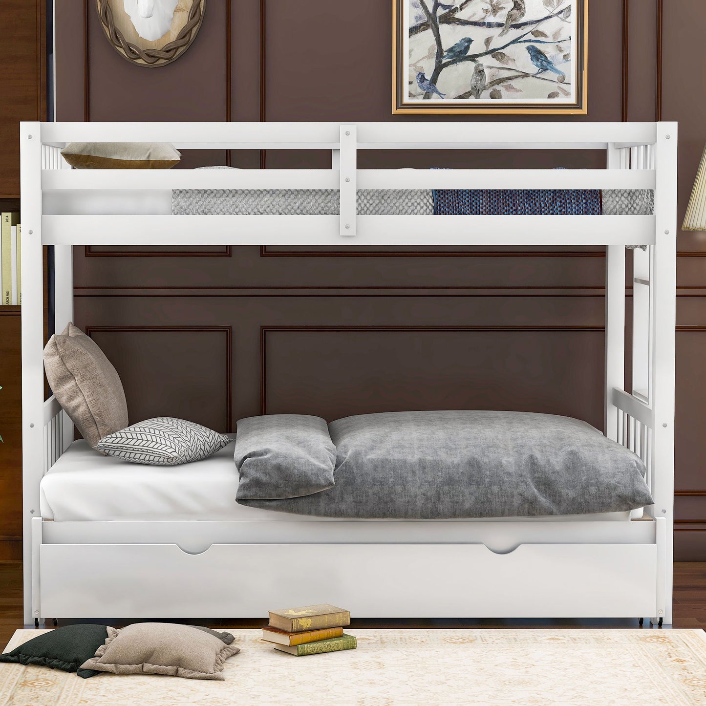 Smooth Mobility Bunk Bed With Trundle by HouseOfZazla, white wooden bunk bed with gray bedding on Tampa Home & Garden Store