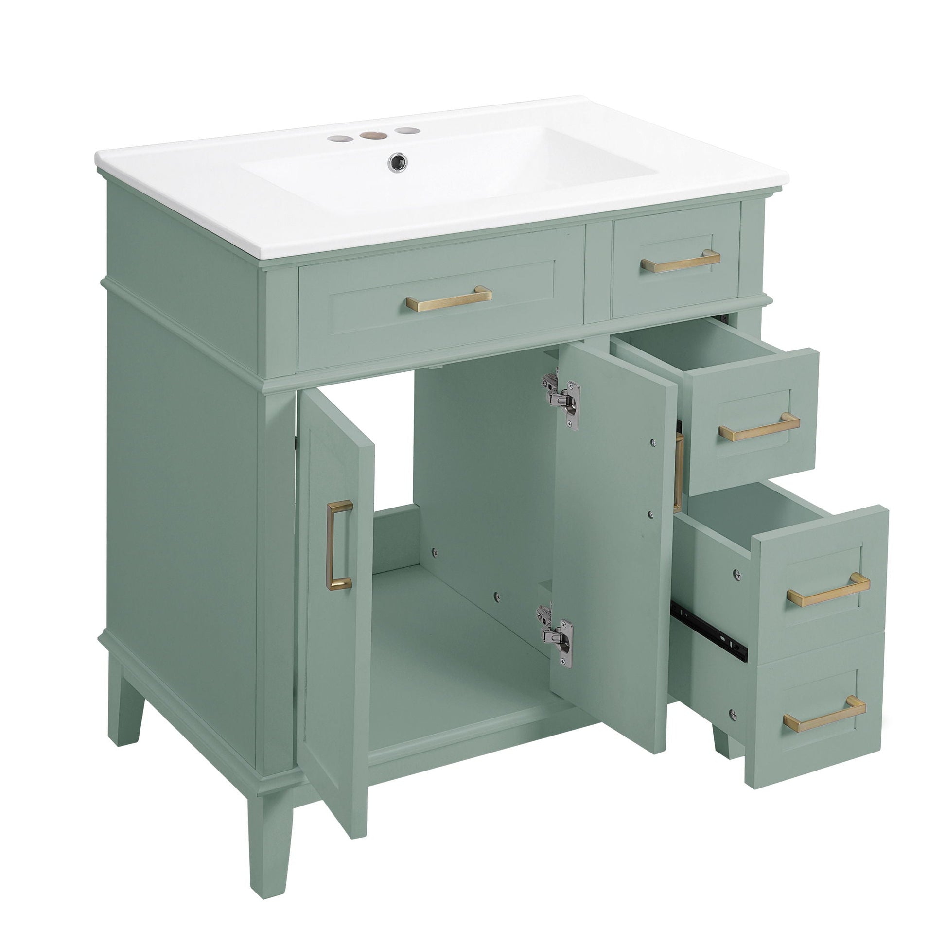 Modern bathroom vanity with sink by HouseOfZazla, sage green cabinet, brass hardware and ample drawers on Tampa Home & Garden Store