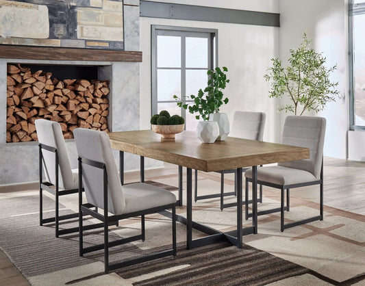 Tomtyn 5-piece dining set with wooden top table and gray upholstered chairs by Unique Piece on Tampa Home & Garden Store
