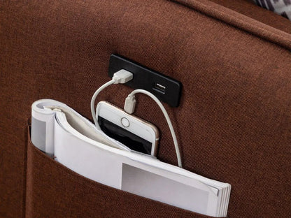 Mia sectional sofa chaise with built-in USB charger, brown fabric, phone in back pocket on Tampa Home & Garden Store