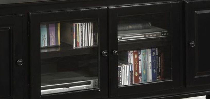 Ferla TV Stand in Black with glass-front cabinets by HouseOfZazla on Tampa Home & Garden Store