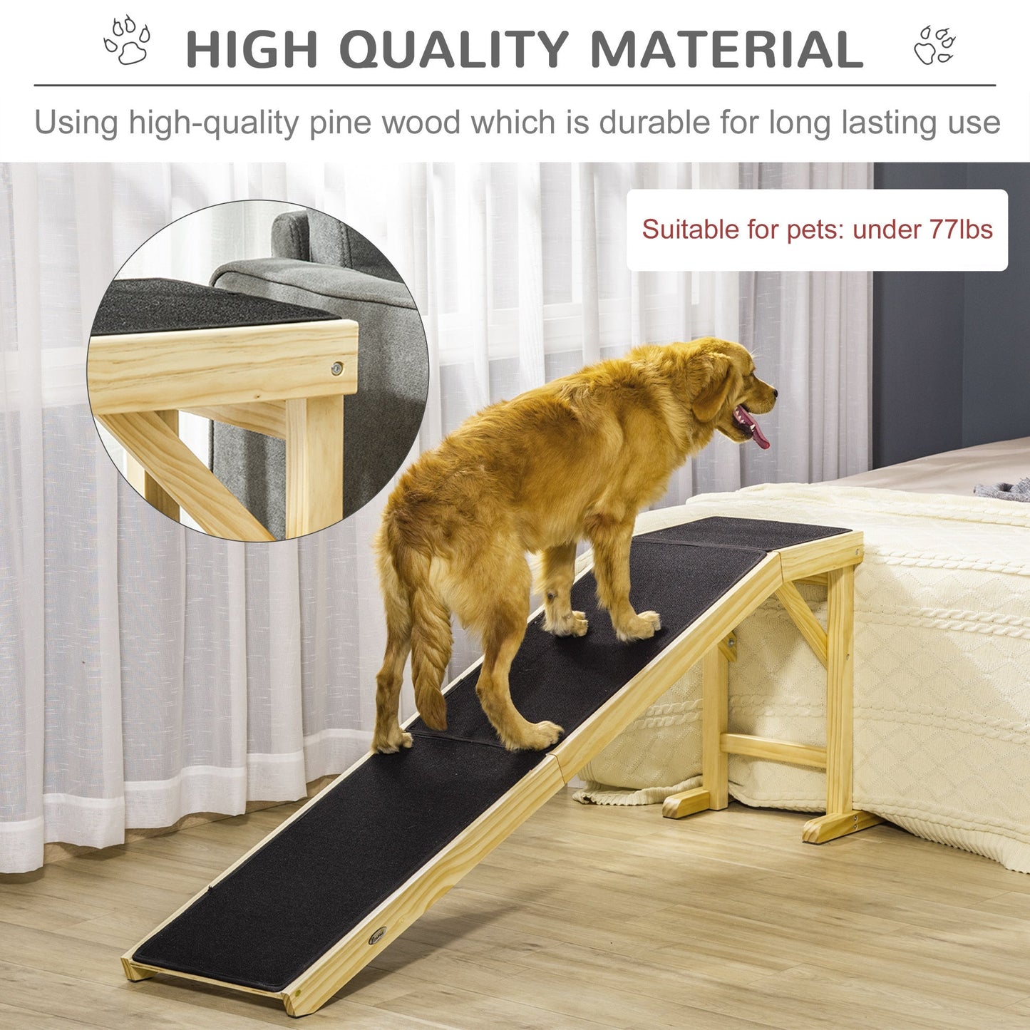 PawHut Dog Ramp for Bed with Non-Slip Carpet, wooden frame, black surface, dog using ramp on Tampa Home & Garden Store