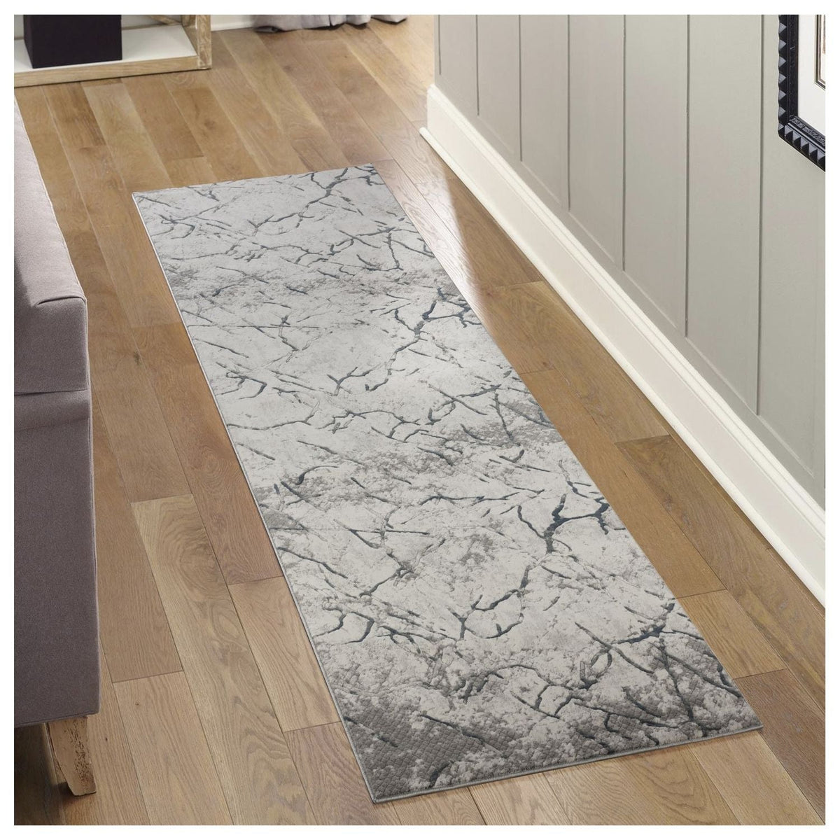 Contemporary gray 3D area rug by HouseOfZazla, hallway runner with marble crack pattern on Tampa Home & Garden Store