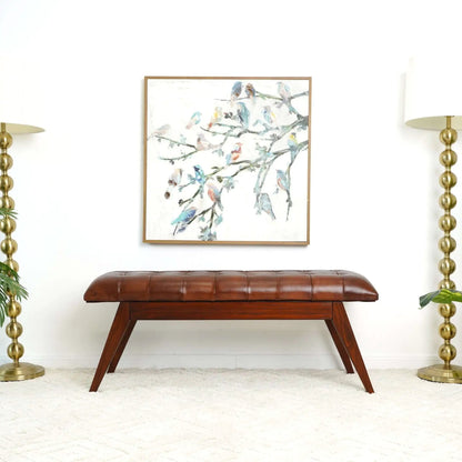 Maja bench Cognac brown leather upholstered with tufted top on angular dark wood legs on Tampa Home & Garden Store