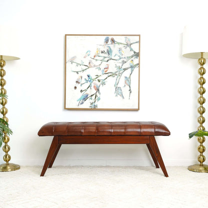 Cognac leather upholstered bench with solid wood frame, dark brown, HouseOfZazla on Tampa Home & Garden Store