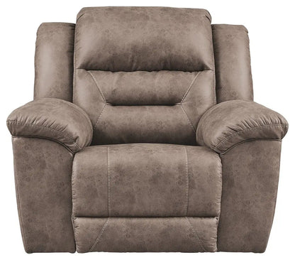 Stoneland Rocker Recliner by Unique Piece Furniture in brown faux leather with padded arms on Tampa Home & Garden Store