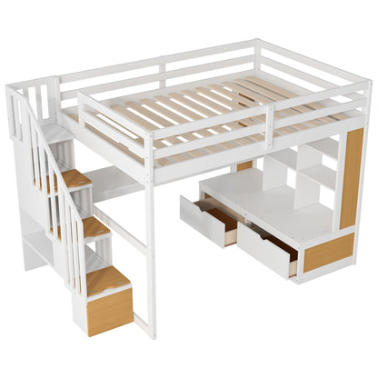 Full size loft bed with desk and shelves, white frame with natural wood stairs on Tampa Home & Garden Store