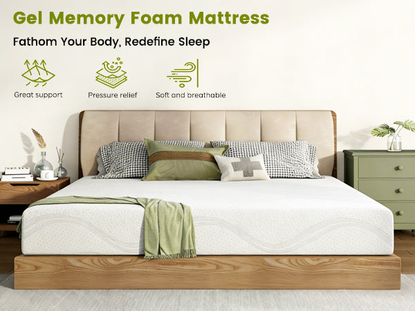 Queen size memory foam mattress with cooling on a wooden platform bed in a modern bedroom on Tampa Home & Garden Store