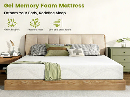Queen size memory foam mattress with cooling on a wooden platform bed in a modern bedroom on Tampa Home & Garden Store