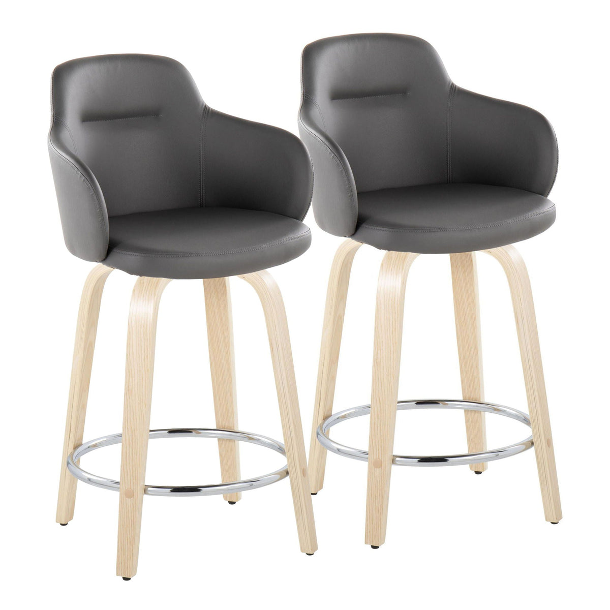 Contemporary counter stools, 2 black leather seats with chrome foot ring and wood legs on Tampa Home & Garden Store