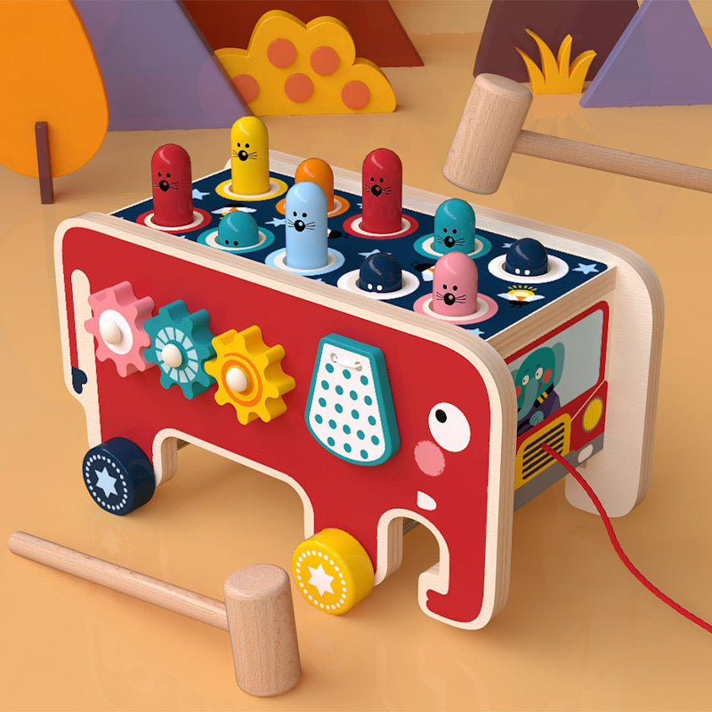 Montessori wooden pounding bench toy for toddlers with colorful pegs, gears and hammer on Tampa Home & Garden Store