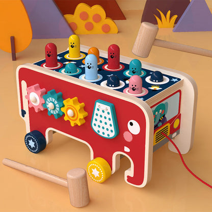 Montessori wooden pounding bench toy for toddlers with colorful pegs, gears and hammer on Tampa Home & Garden Store
