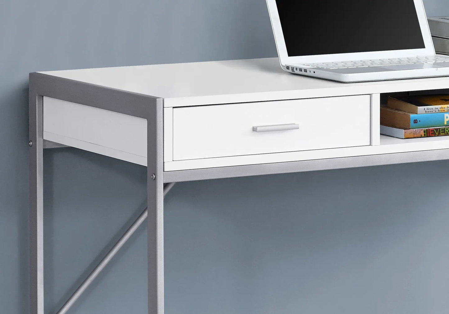 White metal computer desk with drawer and bookshelf, laptop on top Unique Piece Furniture on Tampa Home & Garden Store