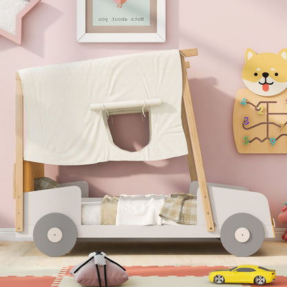 Twin size car bed with pillow and ceiling cloth, natural wood frame with gray wheels LED on Tampa Home & Garden Store