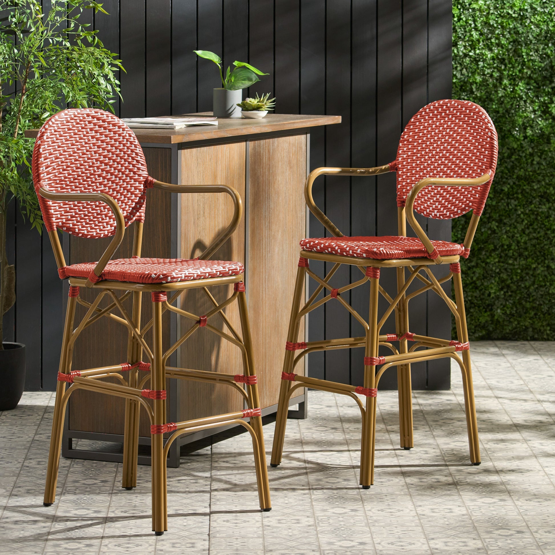Outdoor wicker and aluminum French bar stools, red woven seats with tan frames, set of 2 on Tampa Home & Garden Store