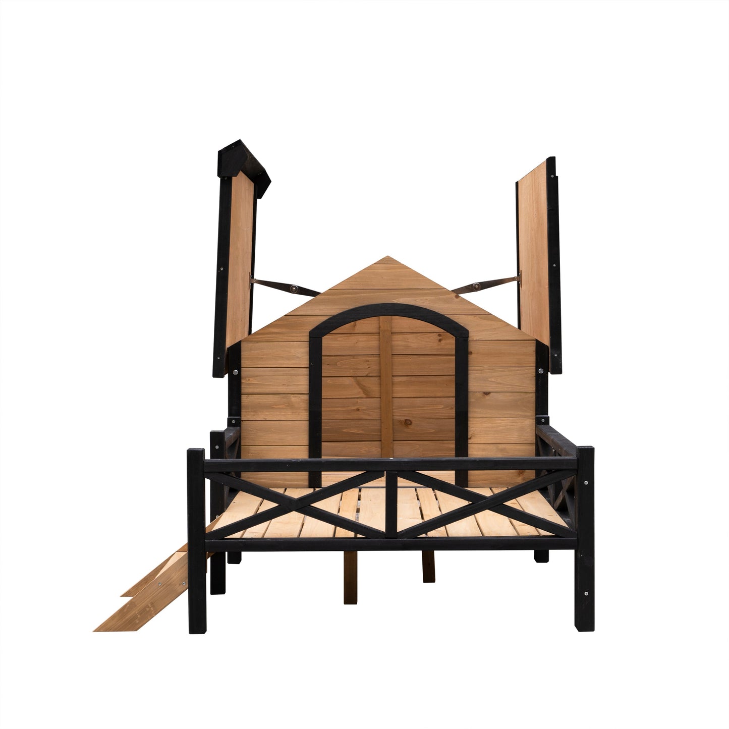 Outdoor large wooden cabin style dog kennel with porch, black trim HouseOfZazla on Tampa Home & Garden Store