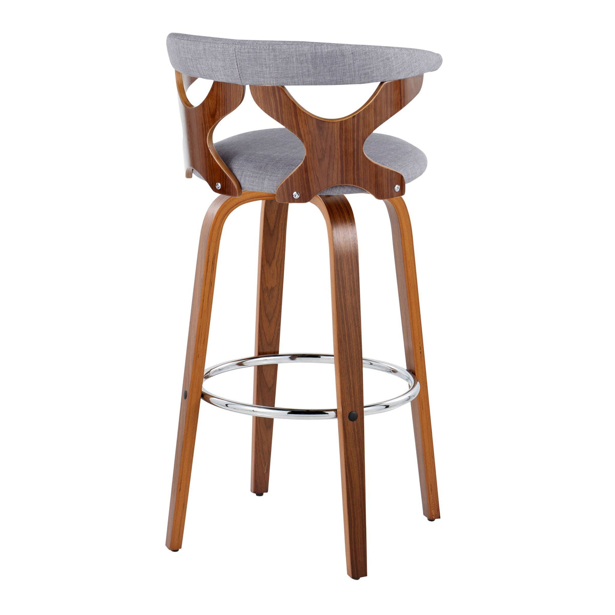 Mid Century Modern Swivel Barstool with padded gray upholstery, chrome footring on Tampa Home & Garden Store