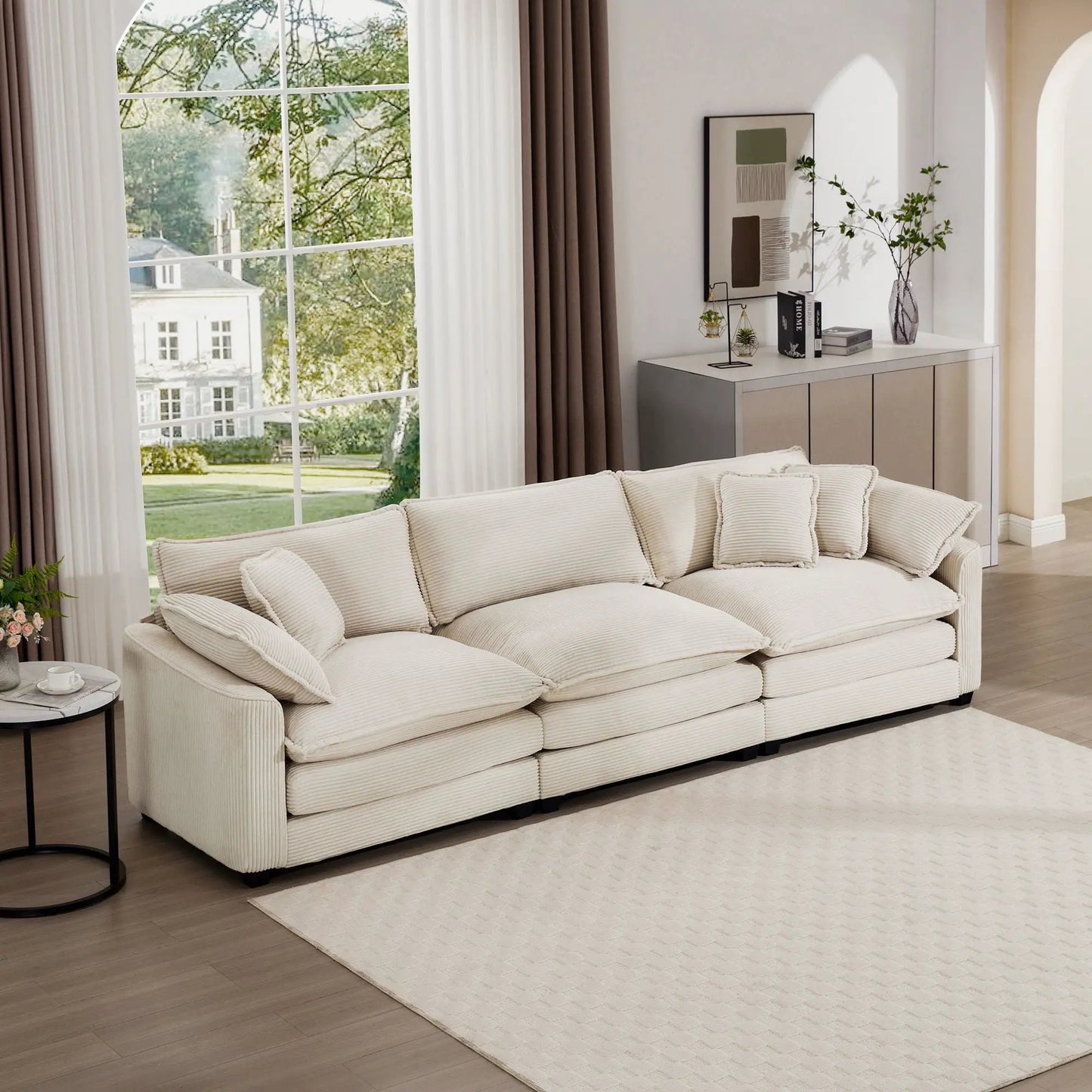 Mid-Century Modern 3-Seater Sectional Sofa with arm and throw pillows in beige corduroy on Tampa Home & Garden Store