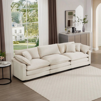 Mid-Century Modern 3-Seater Sectional Sofa with arm and throw pillows in beige corduroy on Tampa Home & Garden Store