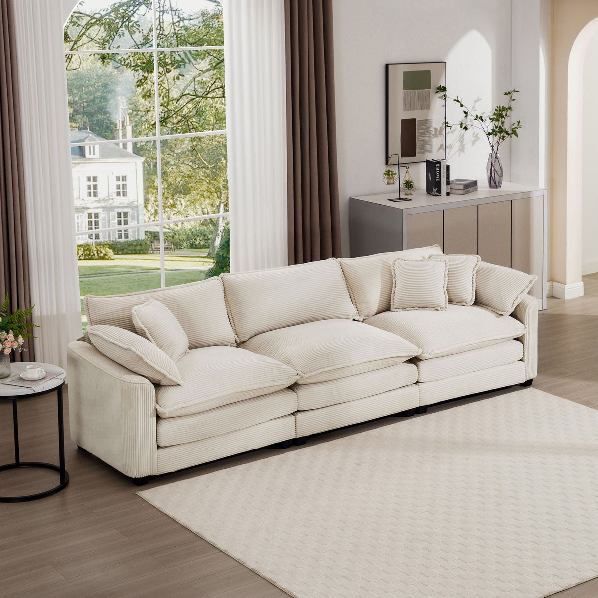 HouseOfZazla mid-century 3-seat sectional sofa in cream ribbed fabric with arms and pillows on Tampa Home & Garden Store