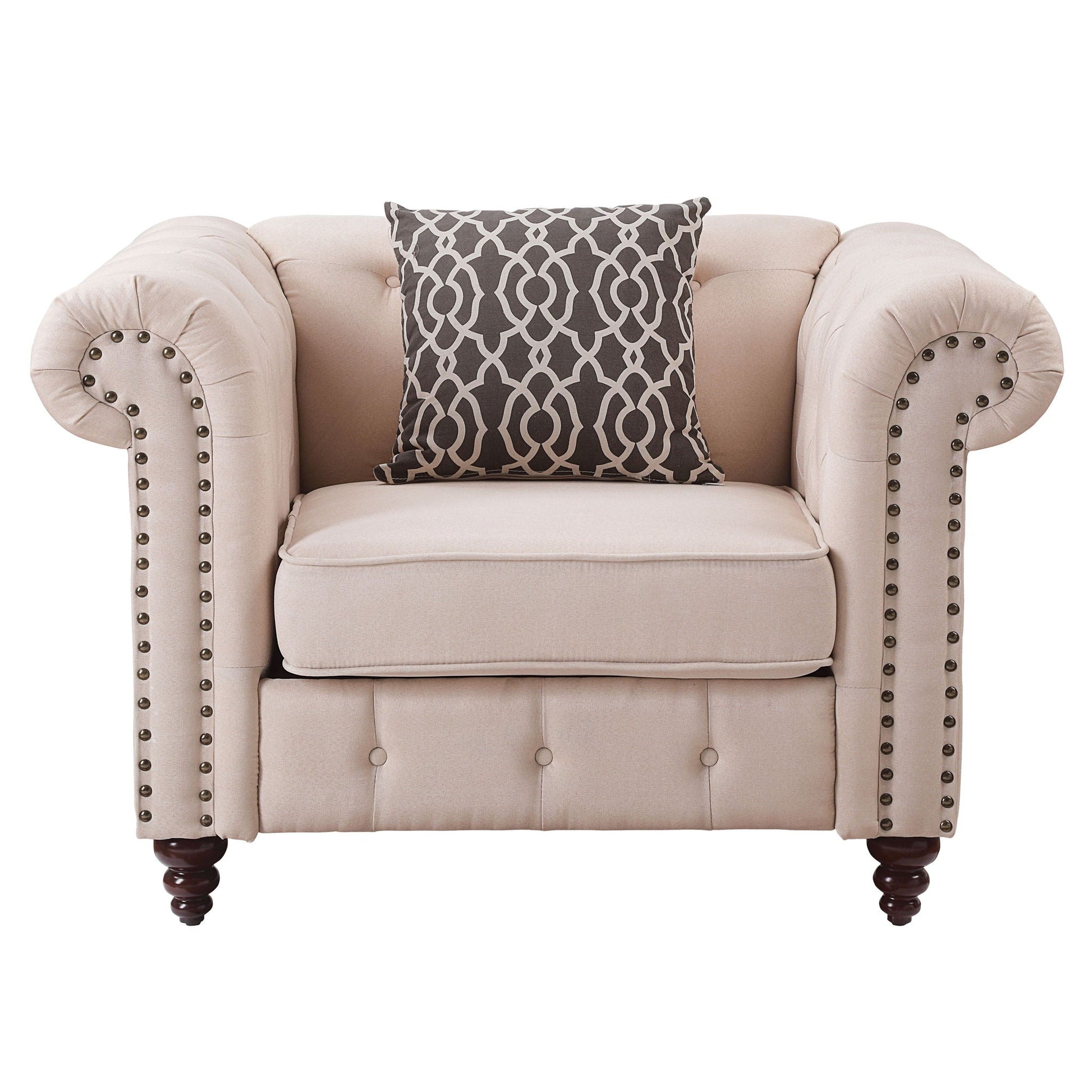 Aurelia linen arm chair beige with gray geometric pillow and nailhead trim HouseOfZazla on Tampa Home & Garden Store