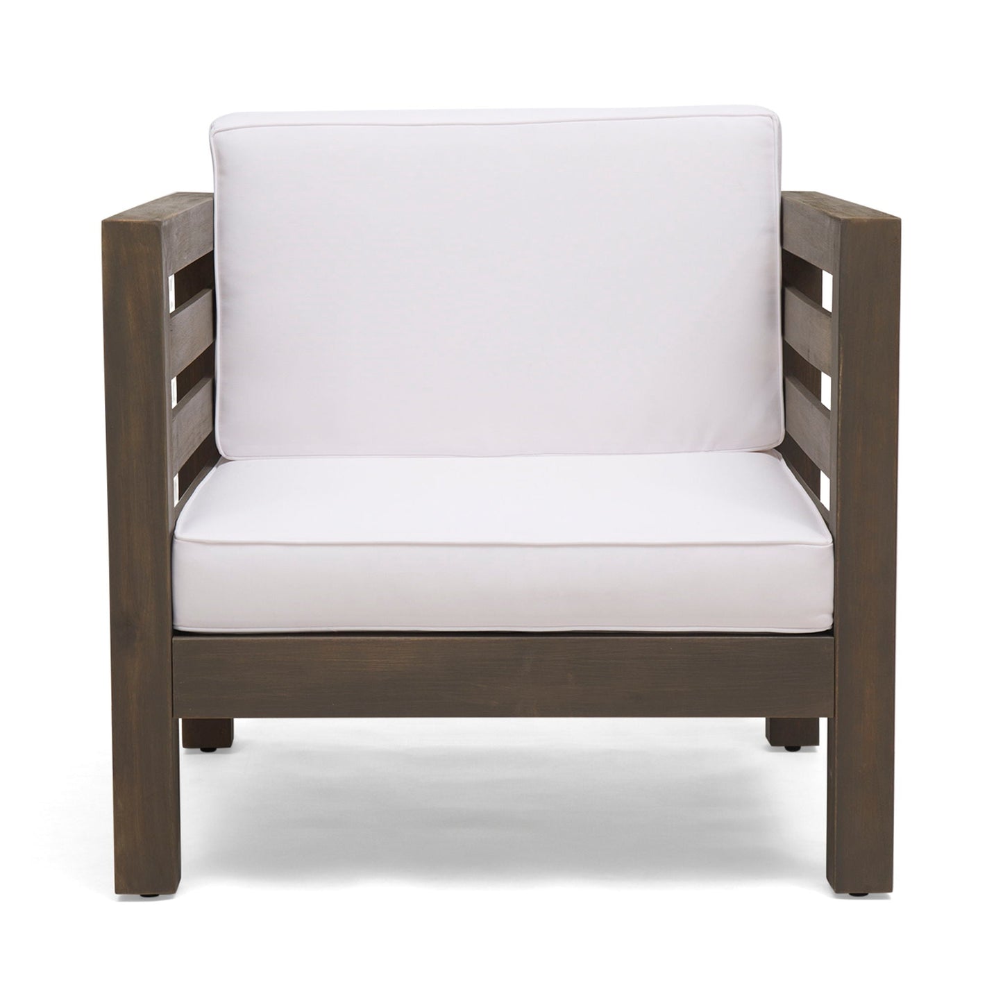 Outdoor Acacia Wood Patio Arm Chair with two white fabric cushions by HouseOfZazla on Tampa Home & Garden Store