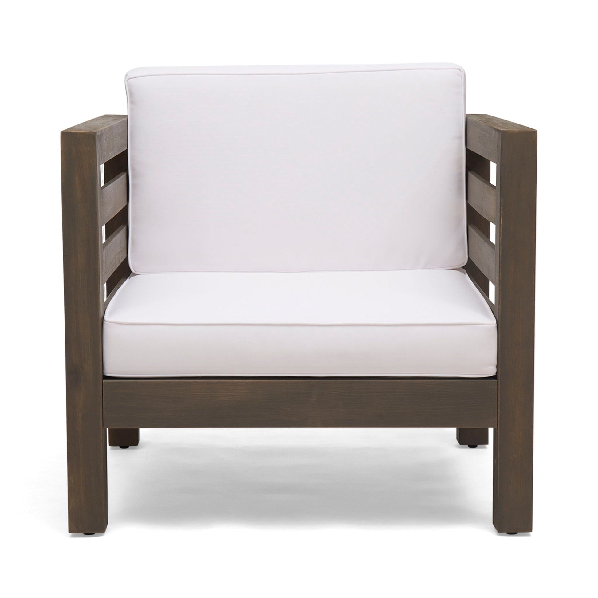 Outdoor Acacia Wood Patio Arm Chair with two white fabric cushions by HouseOfZazla on Tampa Home & Garden Store