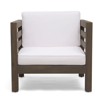 Outdoor Acacia Wood Patio Arm Chair with two white fabric cushions by HouseOfZazla on Tampa Home & Garden Store