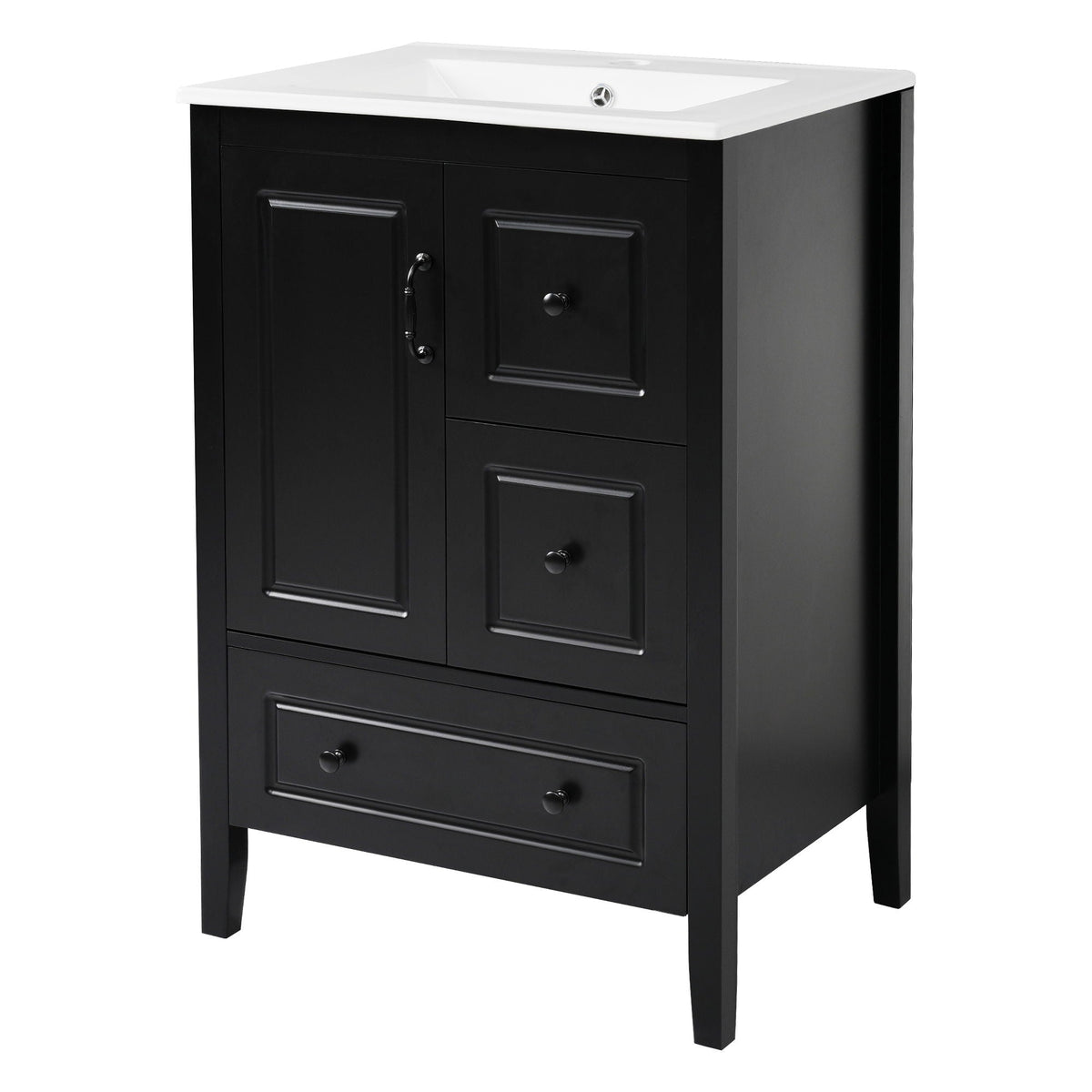 Retro black bathroom vanity with white ceramic sink, raised doors and soft-close drawers on Tampa Home & Garden Store