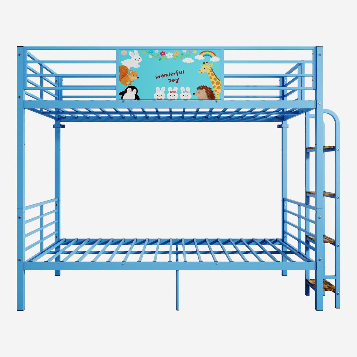 Blue bunk bed with convertible two-twin setup, full guardrails and ladder, colorful animal panel on Tampa Home & Garden Store