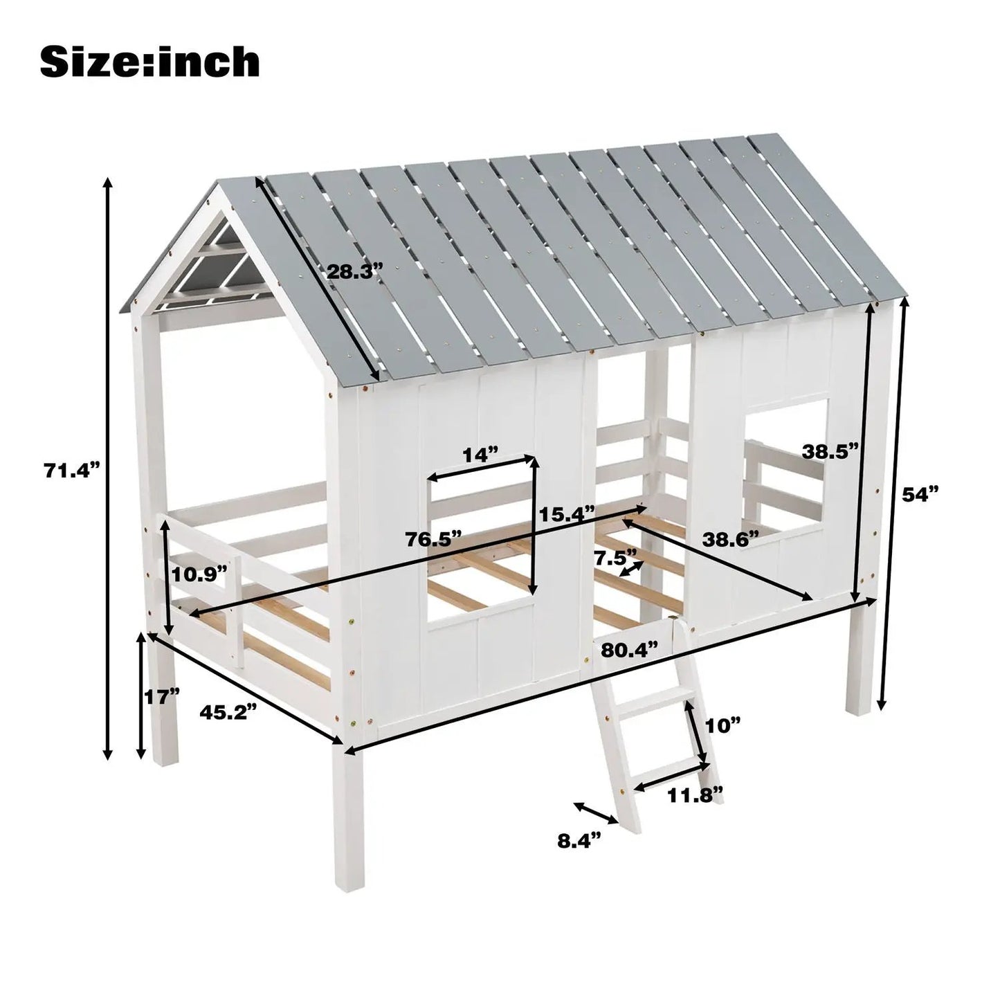 Twin Size Low Loft House Bed with Roof Windows