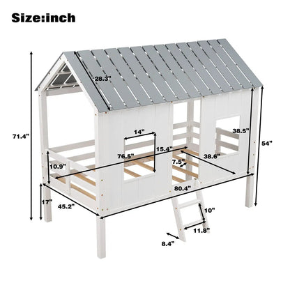 Twin Size Low Loft House Bed with Roof Windows