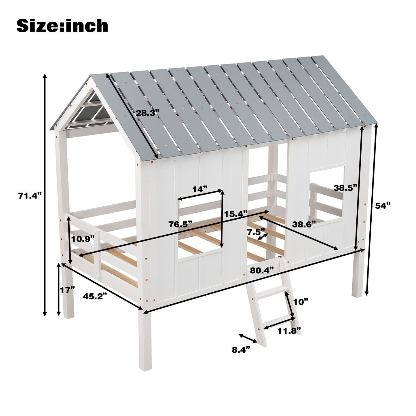 Twin size low loft house bed with roof and 2 front windows, white, HouseOfZazla bed on Tampa Home & Garden Store