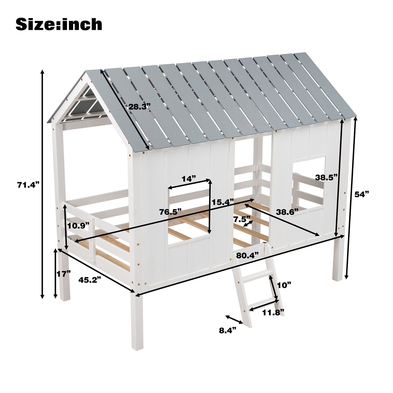 Twin size low loft house bed with roof and 2 front windows, white, HouseOfZazla bed on Tampa Home & Garden Store