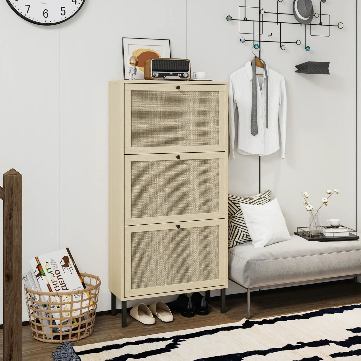 Rattan 3 Door Shoe Rack Cabinet for Entryway