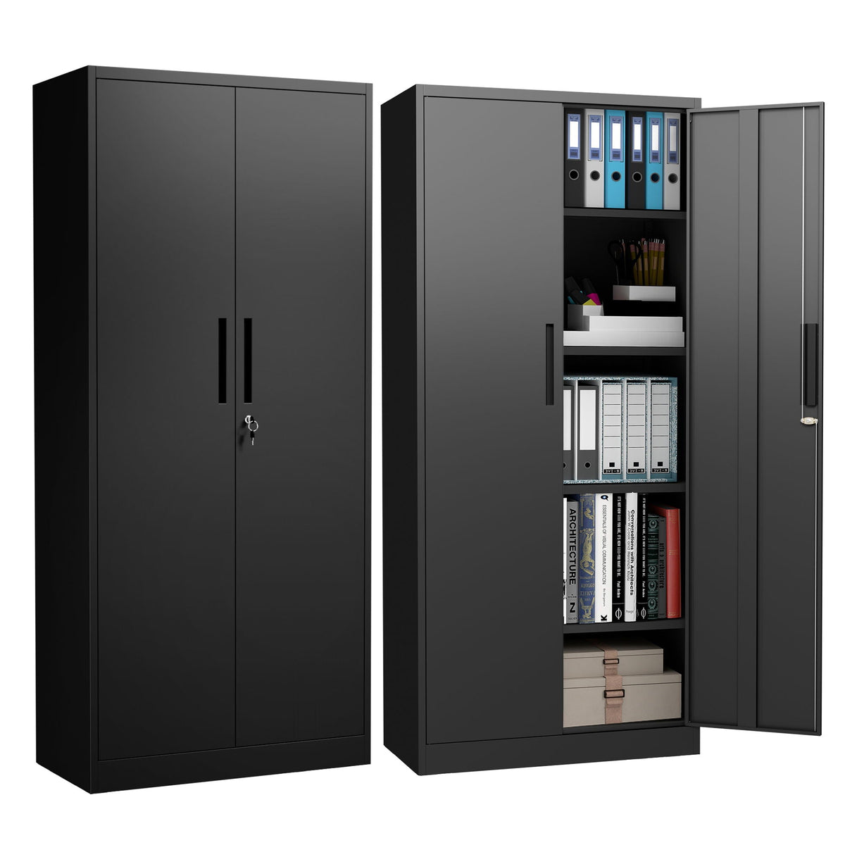 Steel garage cabinet with adjustable shelves and lock HouseOfZazla black finish, pair shown on Tampa Home & Garden Store