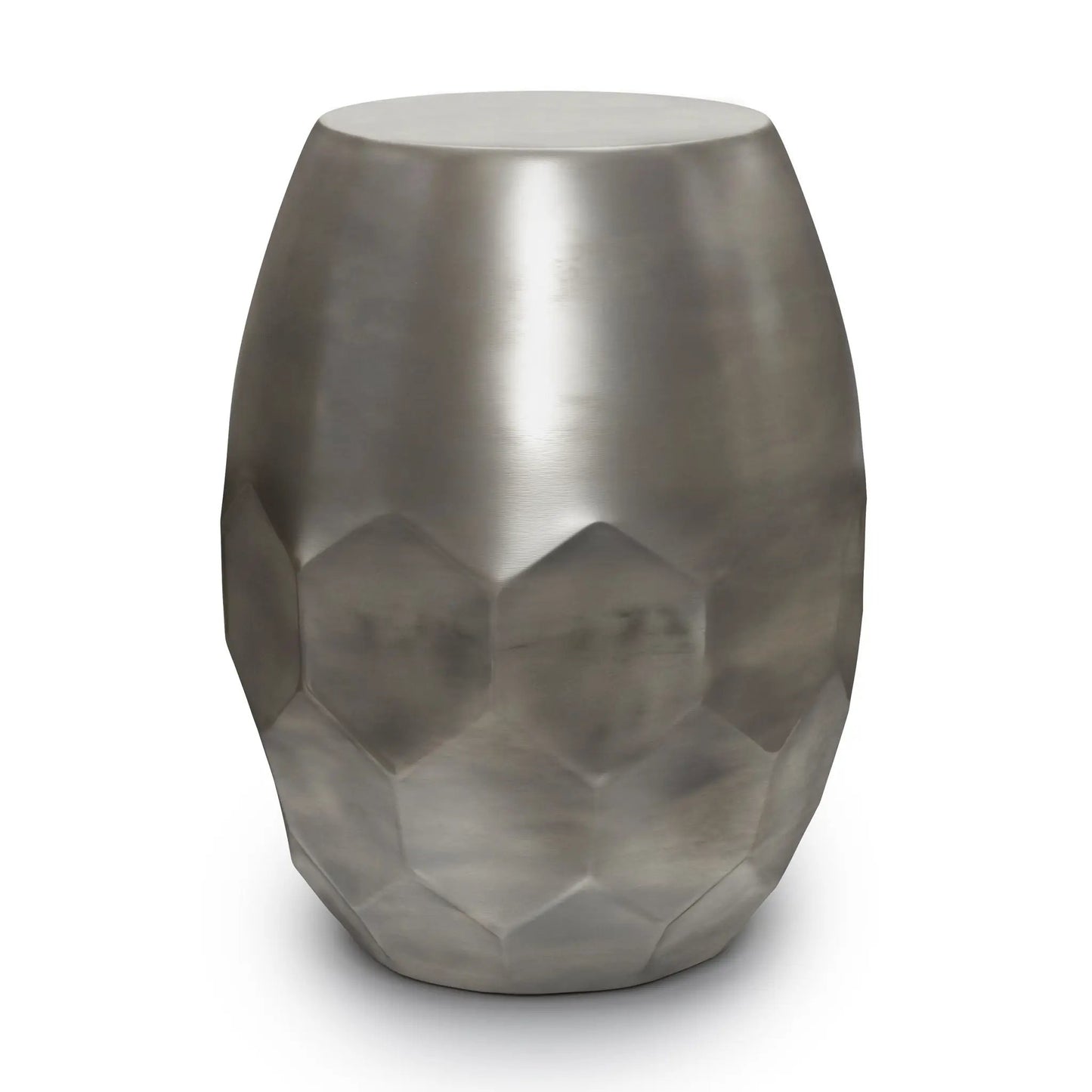 Flanigan Hand Crafted Metal Accent Table, brushed silver with a faceted geometric base on Tampa Home & Garden Store