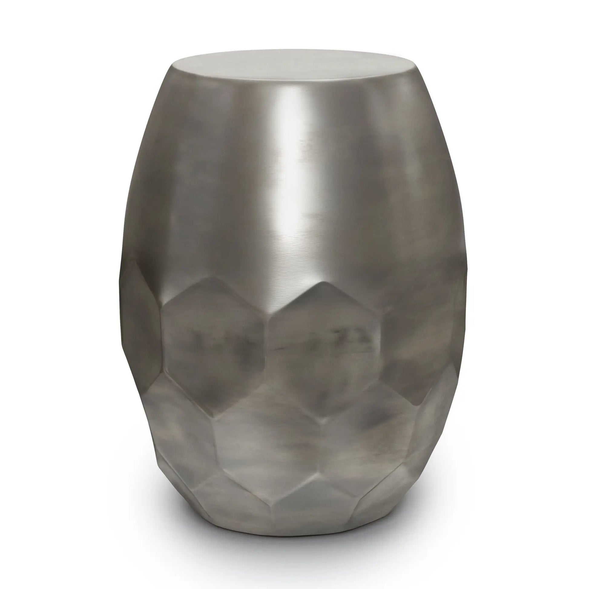 Flanigan Hand Crafted Metal Accent Table, brushed silver with a faceted geometric base on Tampa Home & Garden Store