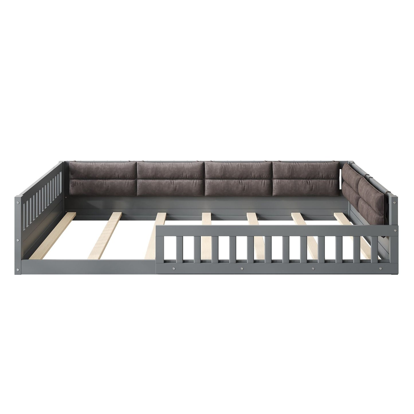 Platform bed by HouseOfZazla with gray upholstered headboard, guardrails and visible slats on Tampa Home & Garden Store
