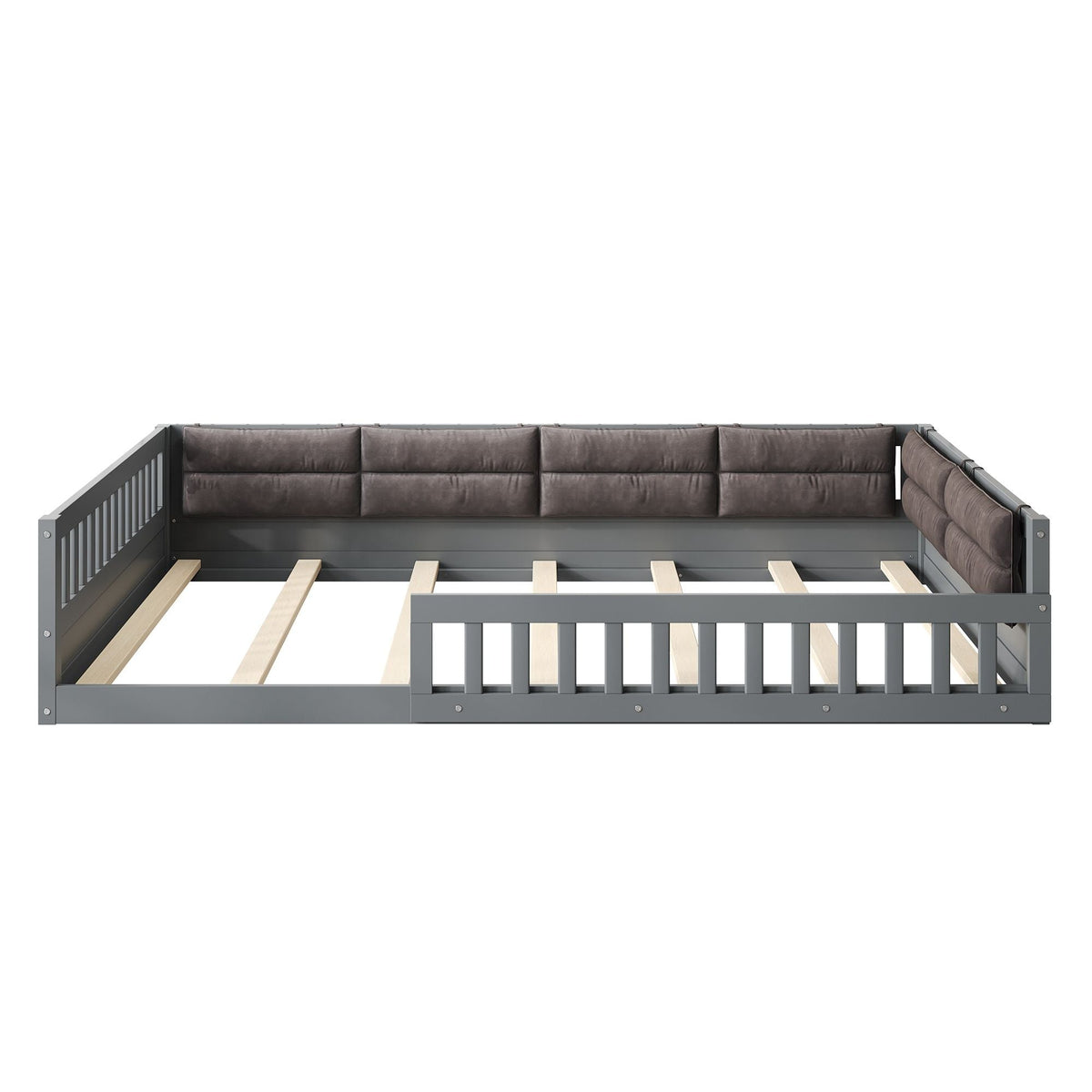 Platform bed by HouseOfZazla with gray upholstered headboard, guardrails and visible slats on Tampa Home & Garden Store